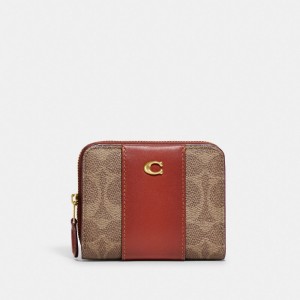 Coach Billfold Wallet In Colorblock Signature Canvas Kleine Portefeuille Dames Bruin Rood | EO073268