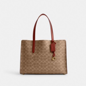 Coach Carter Carryall Bag In Signature Canvas Handtas Dames Bruin Rood | RH7812354