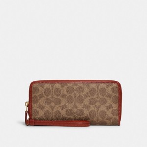 Coach Continental Wallet In Signature Canvas Grote Portefeuille Dames Bruin Rood | IO6783591