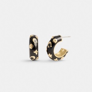 Coach Enamel Signature Floral Huggie Earrings Sieraden Dames Goud Zwart | SG3459860