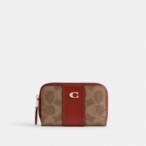 Coach Essential Small Zip Around Card Case In Signature Canvas Kaartenhoes Dames Bruin Rood | CX5608