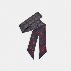 Coach Hearts Print Silk Skinny Scarf Sjaal Dames Zwart Rood | VU4357182