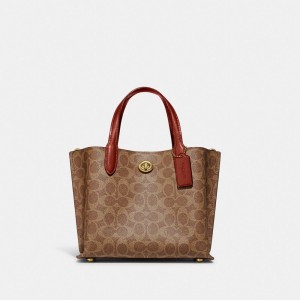 Coach Willow Tote Bag 24 In Signature Canvas Tote Tassen Dames Bruin Rood | ZE3654017